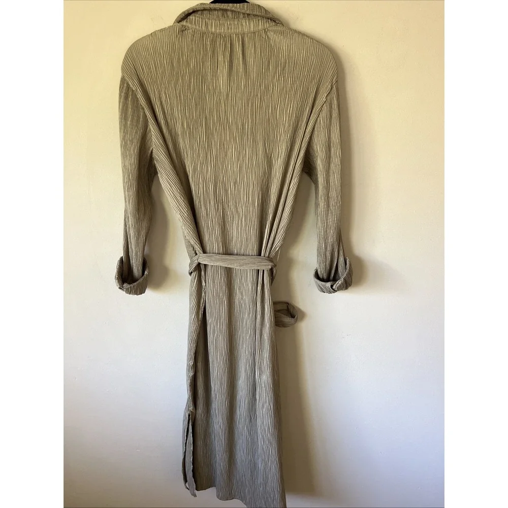 Anine Bing Alma Pleated Shirt Midi Dress Size Small Belted Green Khaki Modern